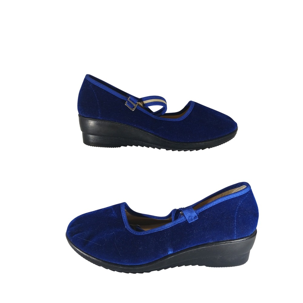 Mary Jane Wedges 38 Blue Velvet Buckle Strap Retro Whimsigoth Dark Academia